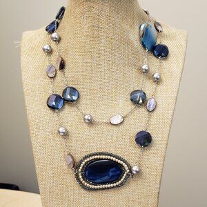 Silver tone, long, AB Beaded, glass beads, Lapis Lazuli pendant stone, necklace